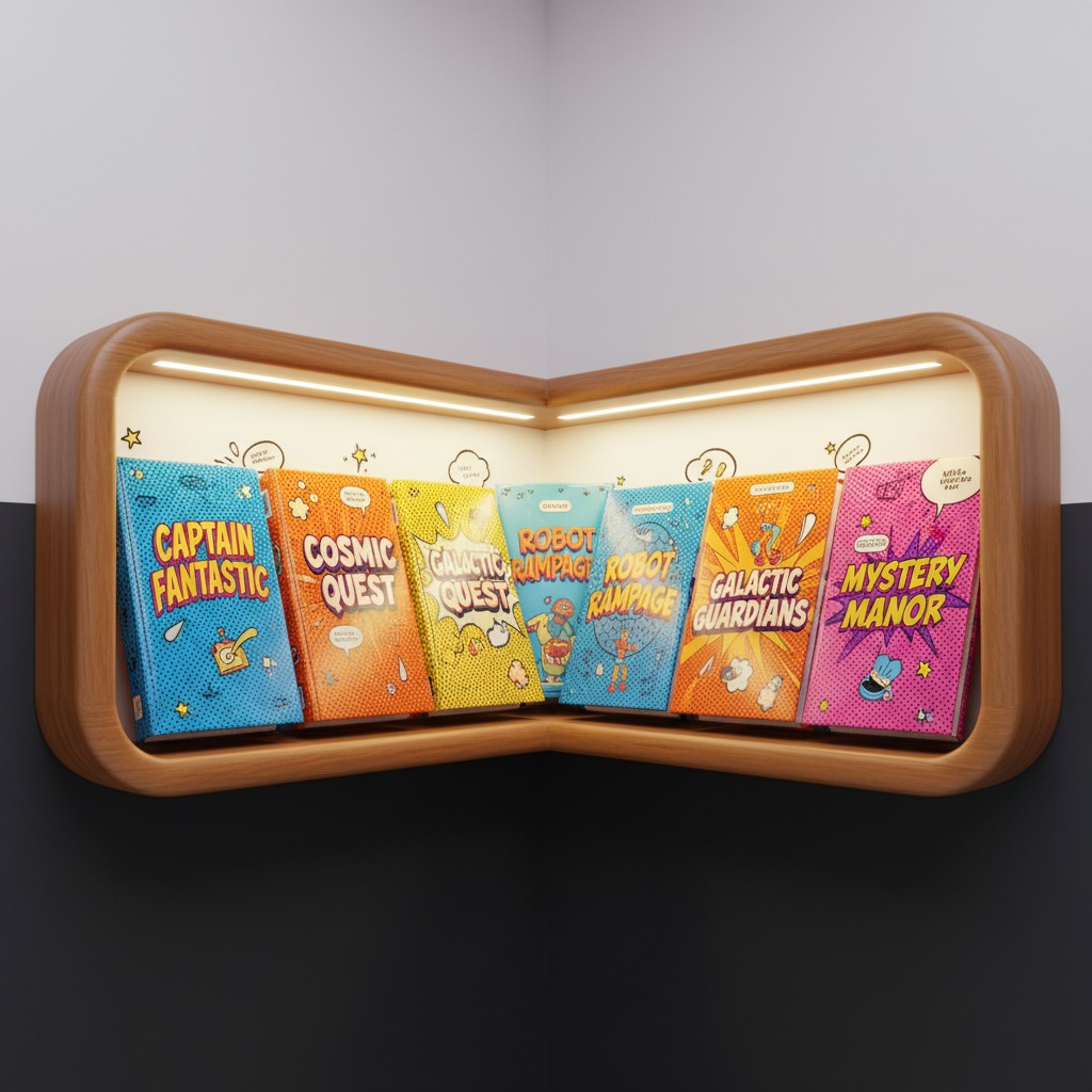 A 3D display case filled with comic books, including titles like Captain Fantastic and Mystery Manor, situated against a d...