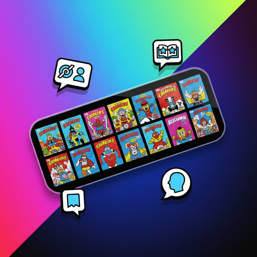 A colorful graphic highlighting primarily comic book variety. The artwork features a gradient-hued background with promine...