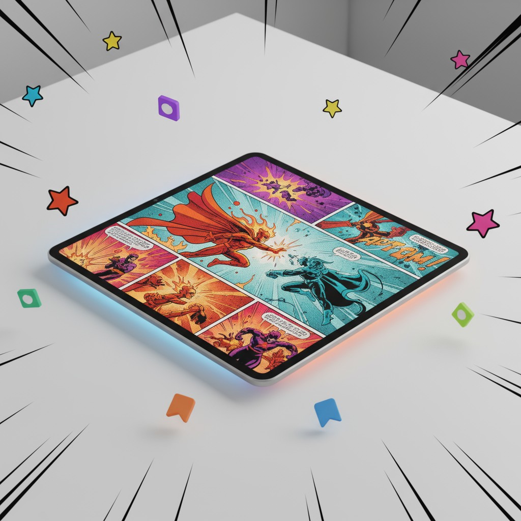 The cells on the tablet display a comic with panels showing various superheroes in action.